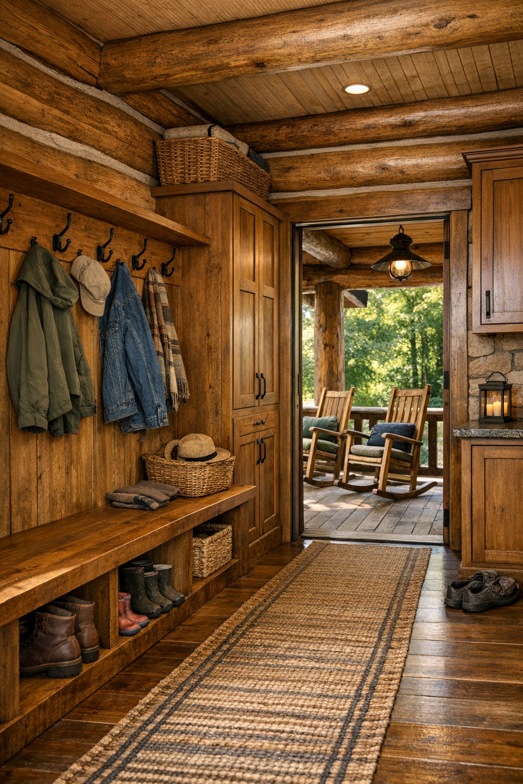 Functional entry and porch area with built-in bench, sturdy cabinetry, and rustic seating