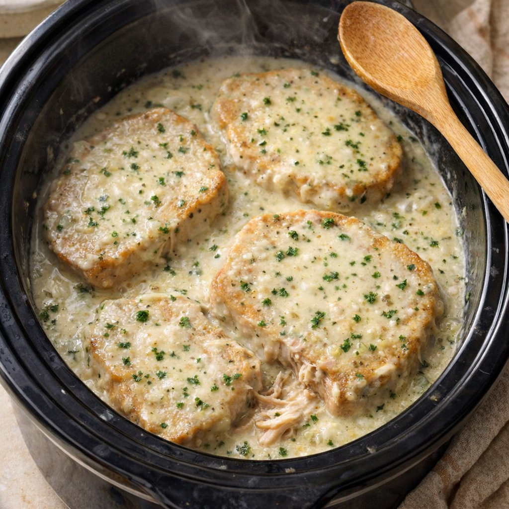 Slow cooker ranch pork chops in a creamy sauce