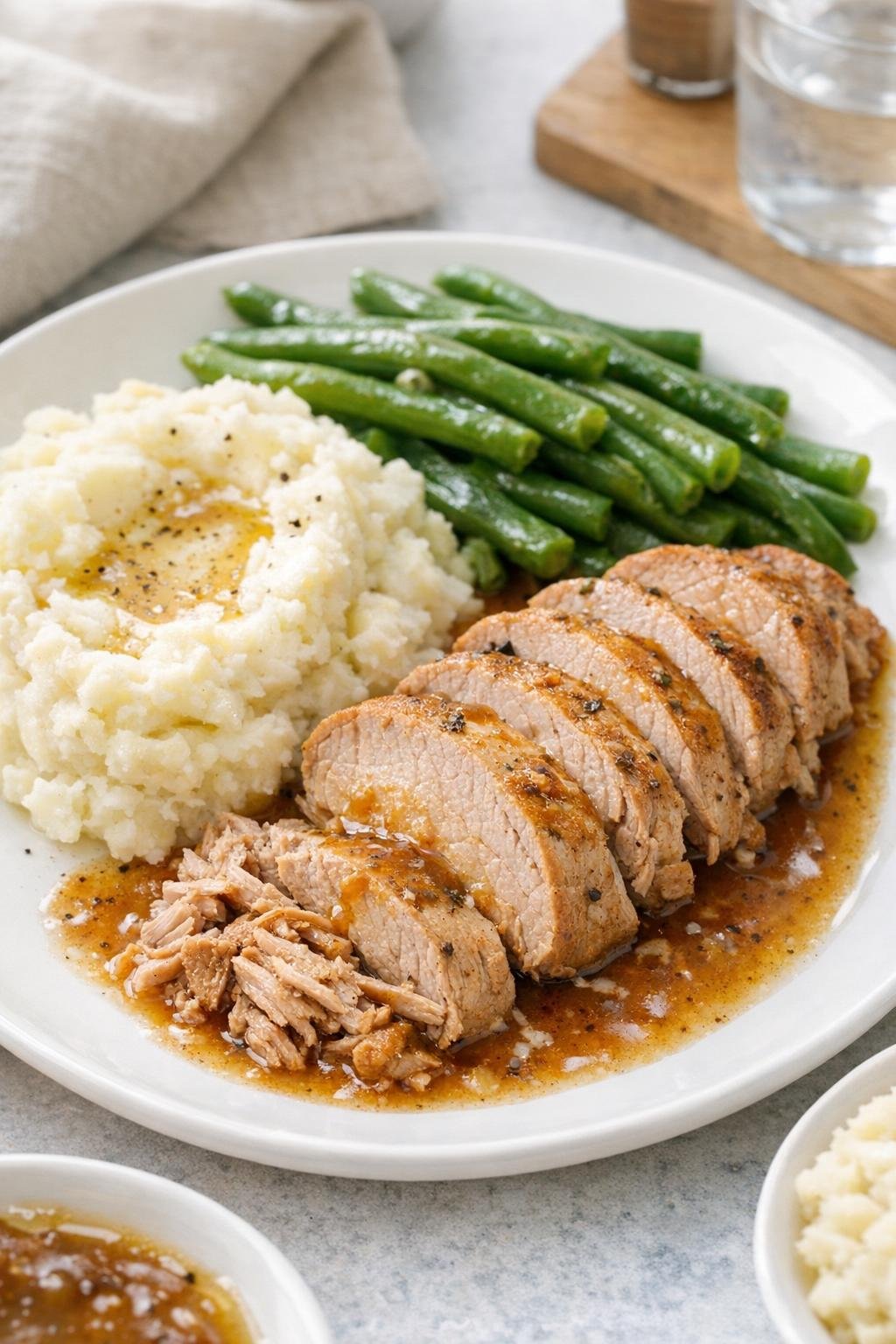 Finished slow cooker pork tenderloin plated with juices
