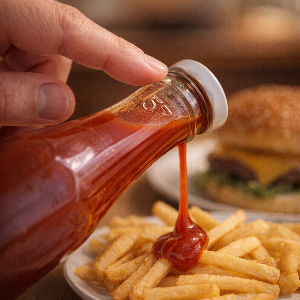 Hand tapping the neck of a glass ketchup bottle near the 57 mark