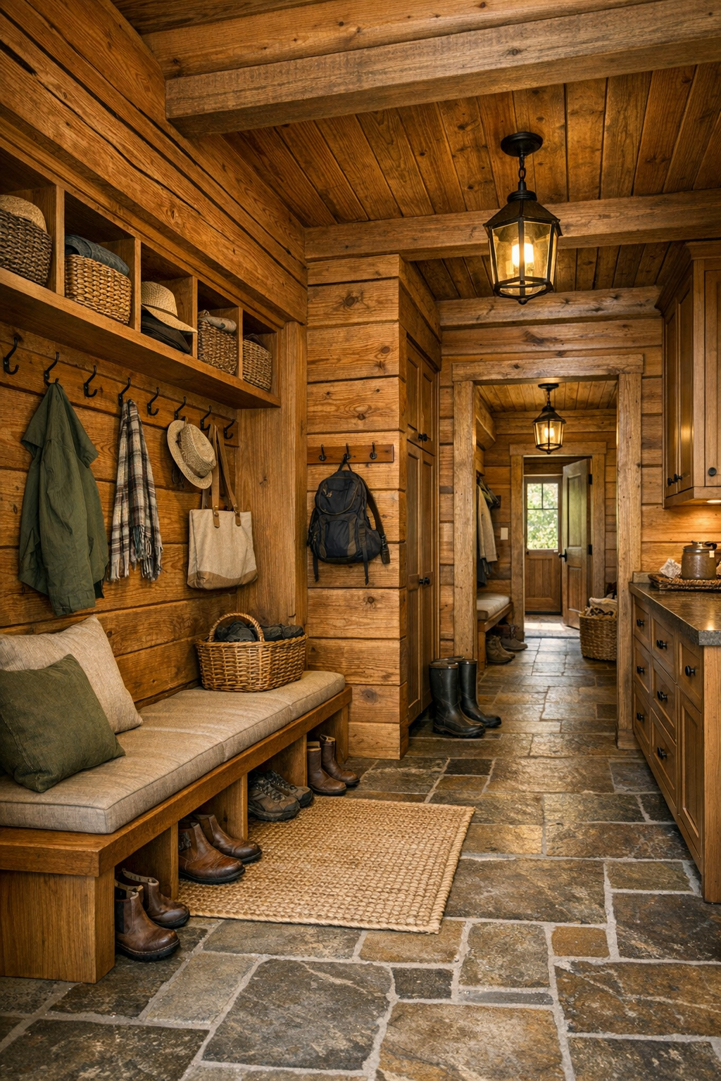 Thoughtful mudroom and hallway with built-in benches and warm wood storage