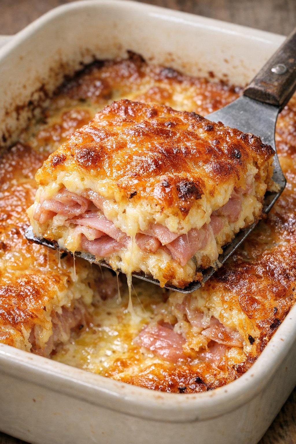 Bubbling ham and cheddar bake being lifted from the dish