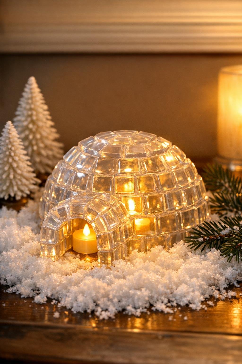 Finished glowing crystal igloo displayed on fake snow