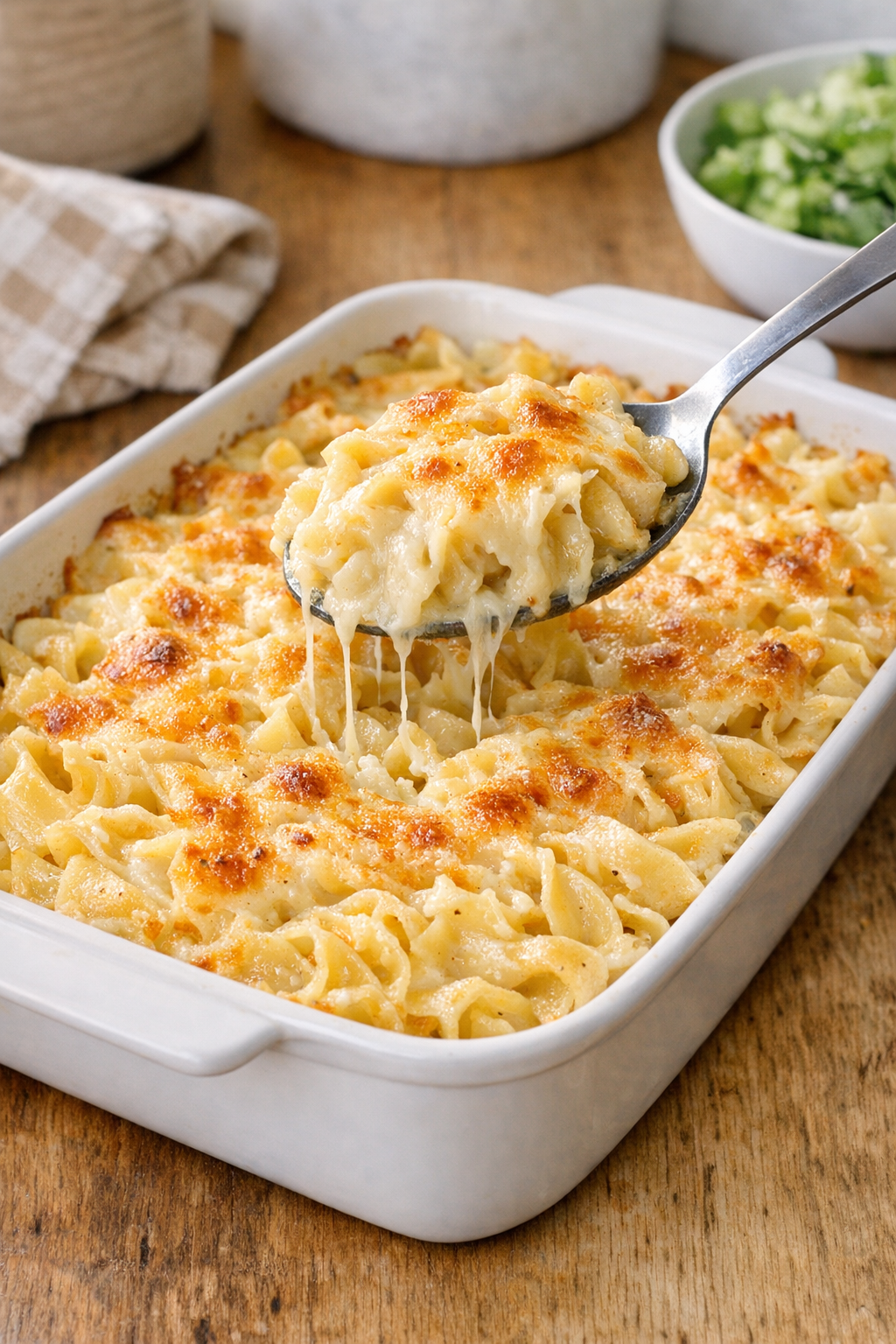Finished baked asiago cheese noodles in a casserole dish