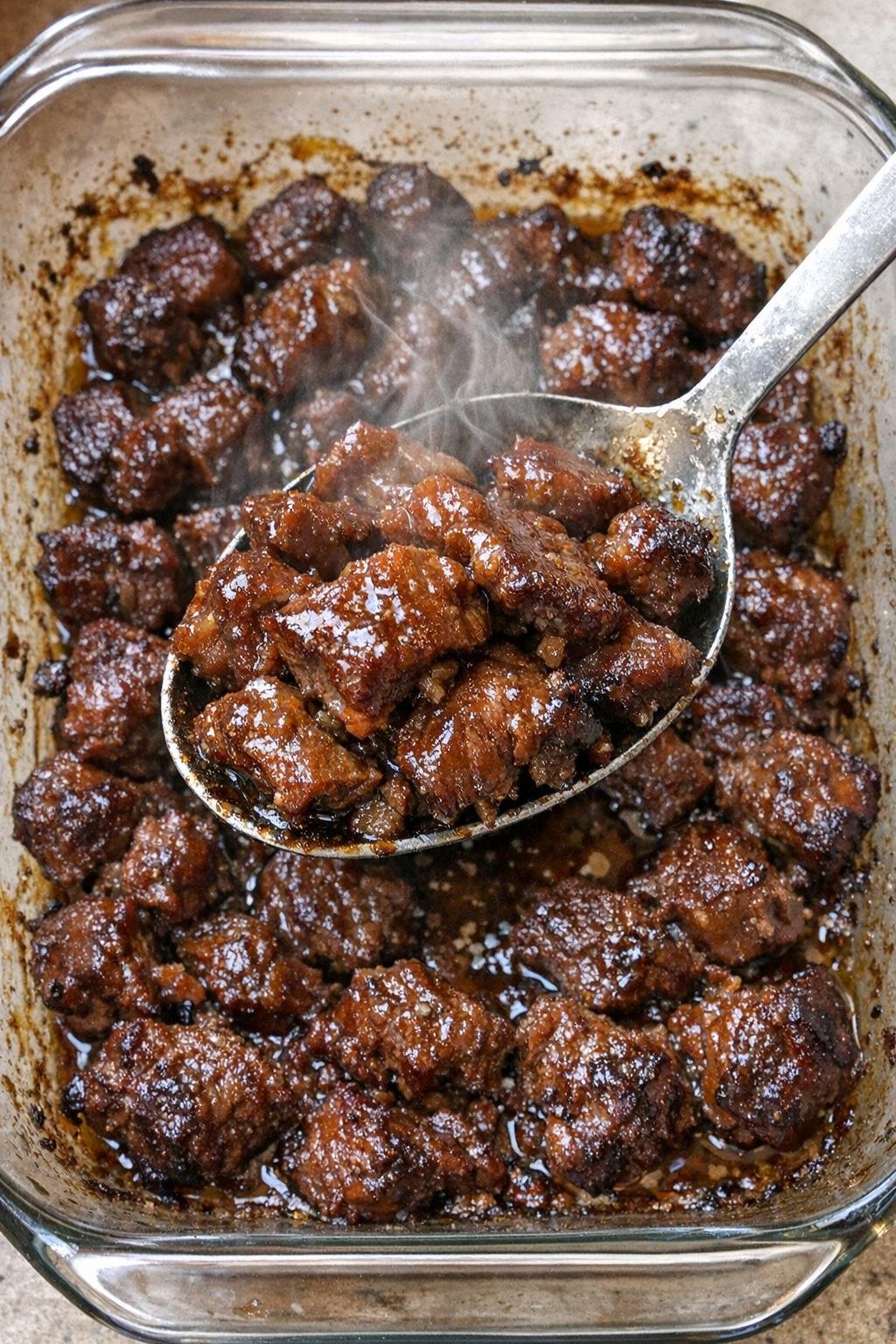 Tender savory beef bites with glossy glaze