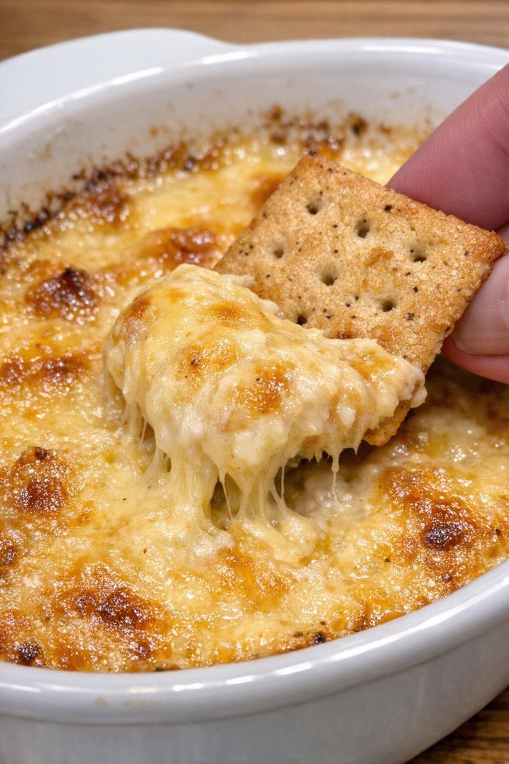 Close-up of gouda Harcourt dip in a white casserole dish
