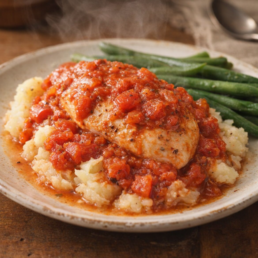 Rustic serving of chicken goulash with potatoes and green beans