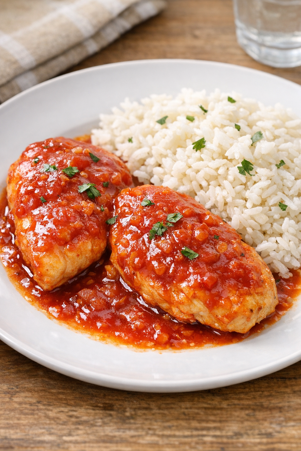Finished plated slow cooker chicken with glossy red sauce