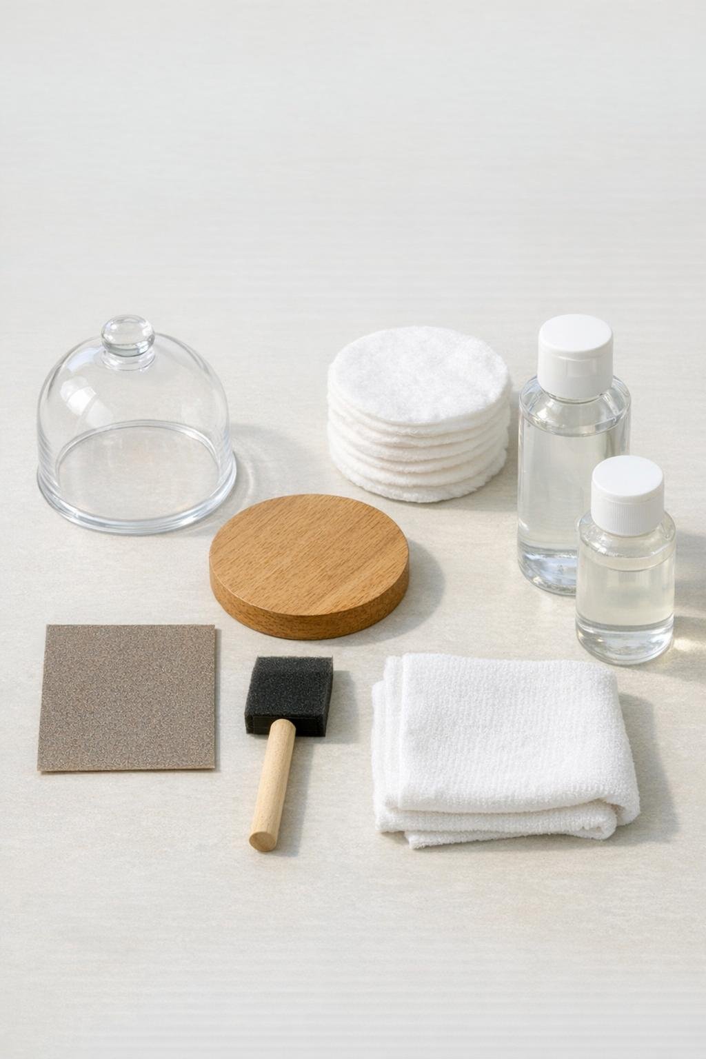 Materials for a glass cloche cotton round dispenser laid out neatly