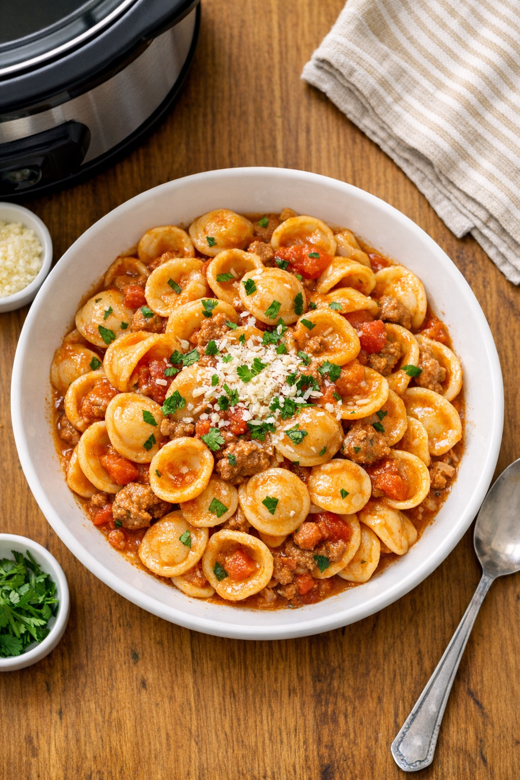 Finished orecchiette pasta in a serving bowl
