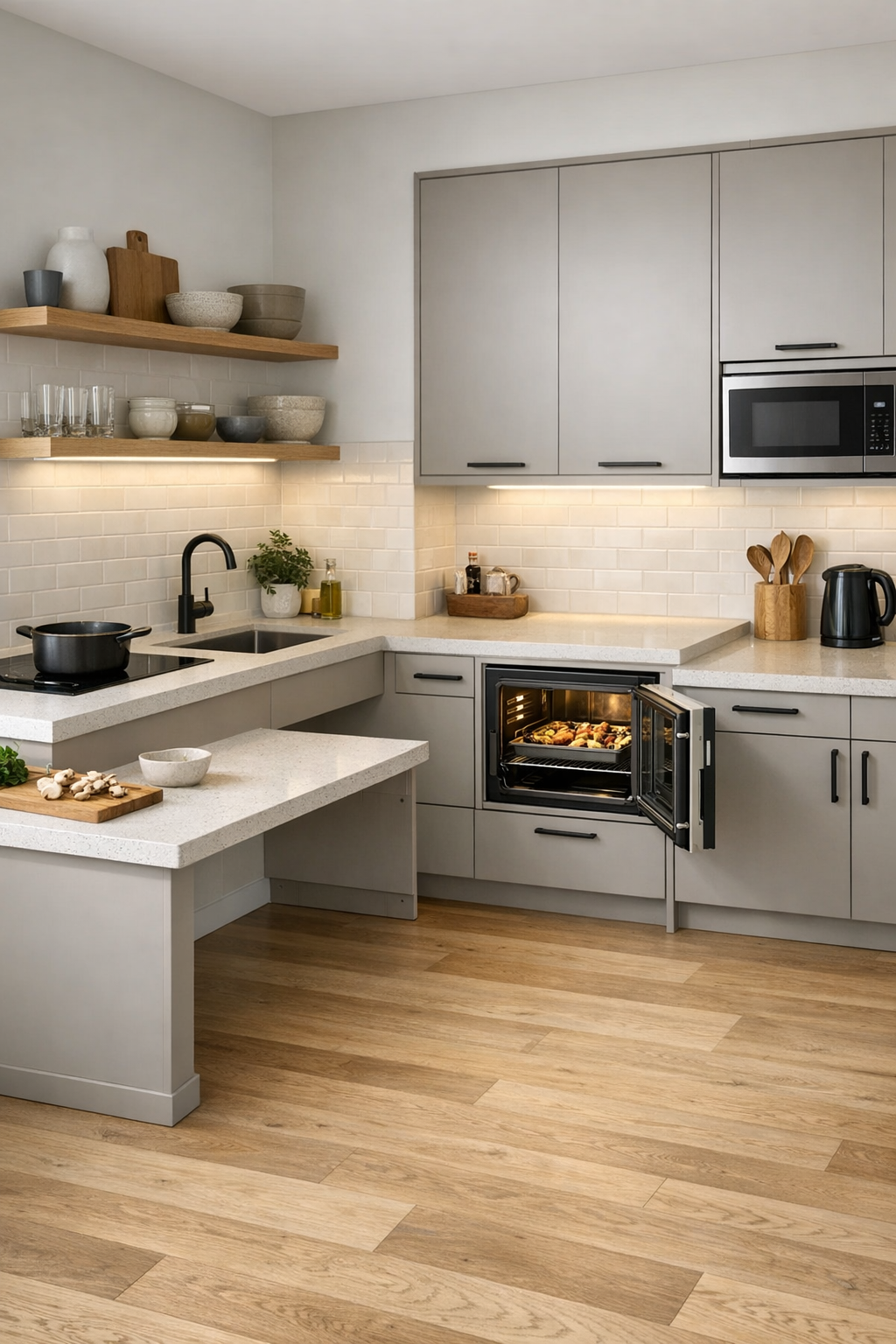 Elegant accessible kitchen with greige cabinets, quartz counters, and oak shelving
