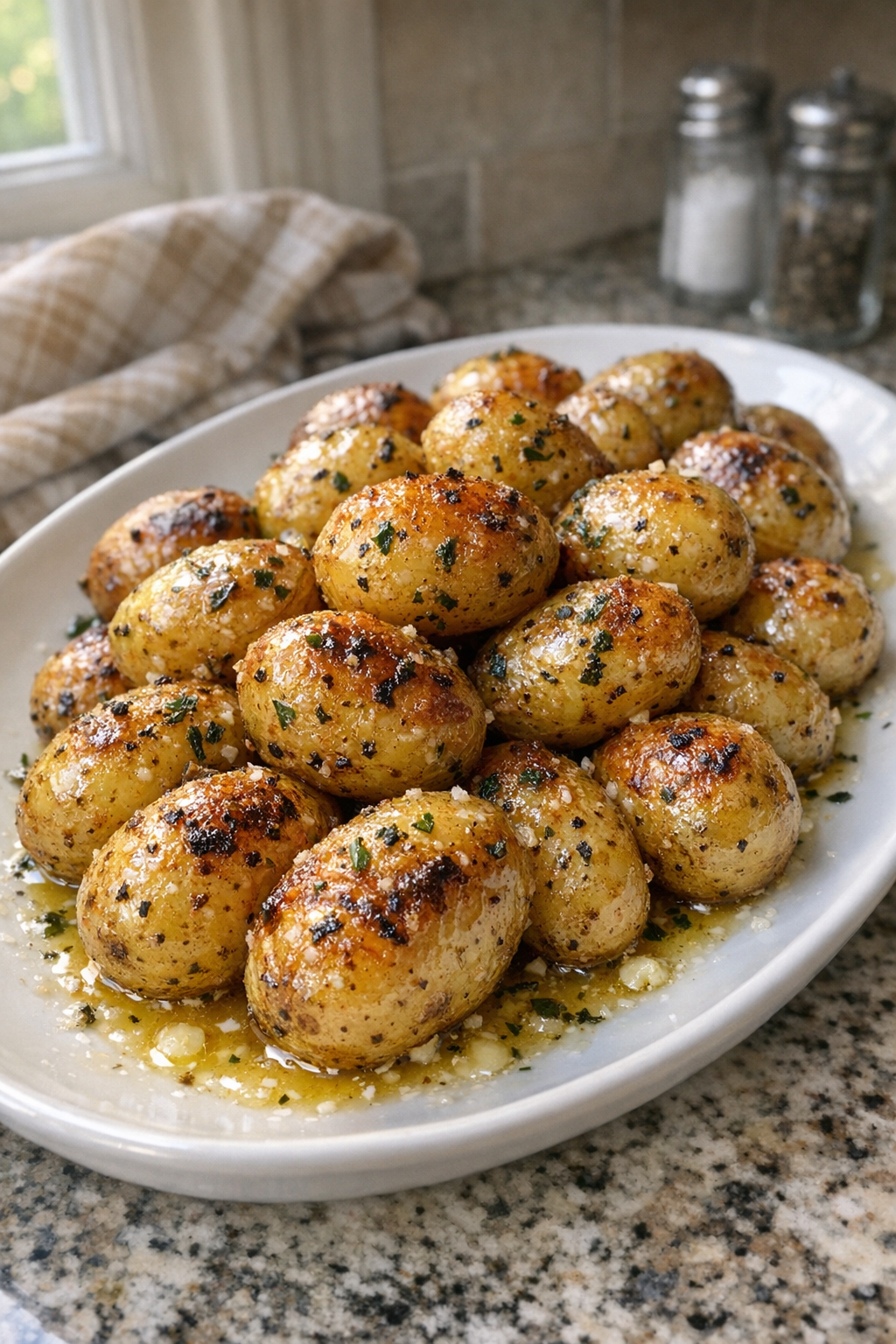 Finished buttery crispy baby potatoes on a white platter