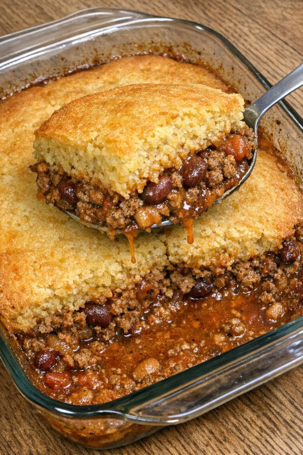 Golden cornbread chili bake in a glass dish