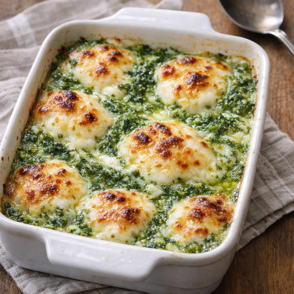 Warm pesto cheese bake fresh from the oven in a small casserole dish