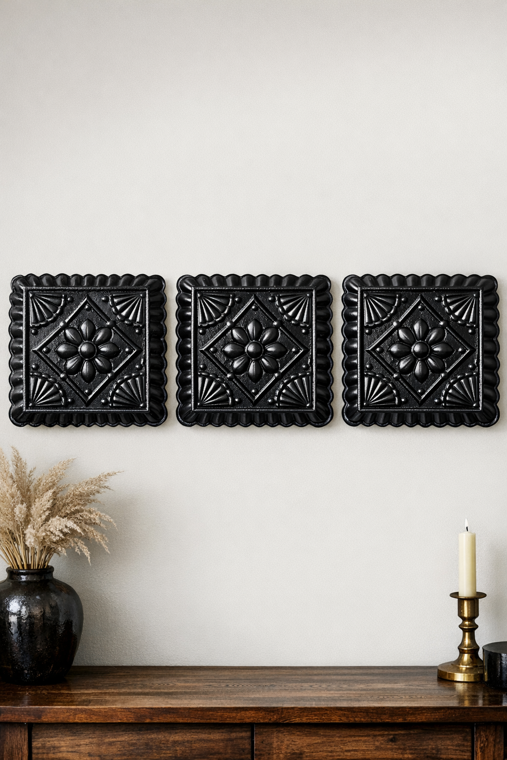Finished faux stamped tin wall panels made from aluminum baking pans