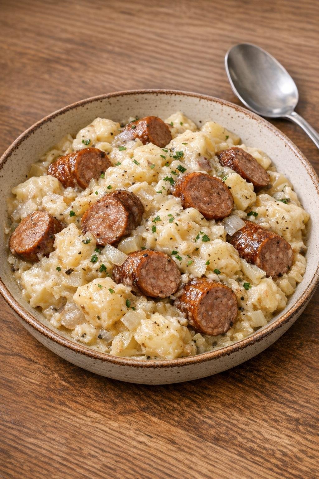 Finished potato salad and beef sausage slow cooker dish plated in a rustic bowl