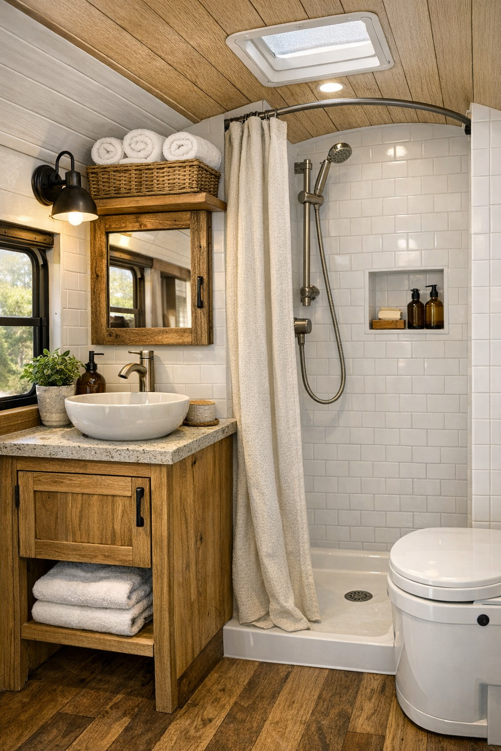 Compact rustic bathroom in a converted bus with white tile, wood vanity, and simple brushed metal fixtures
