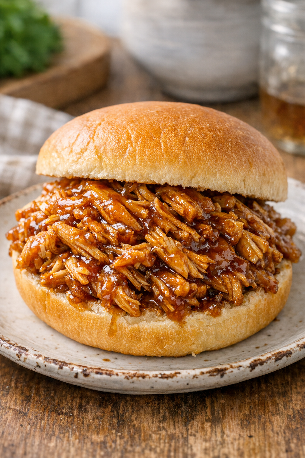 Shredded brown sugar chicken on a sandwich bun