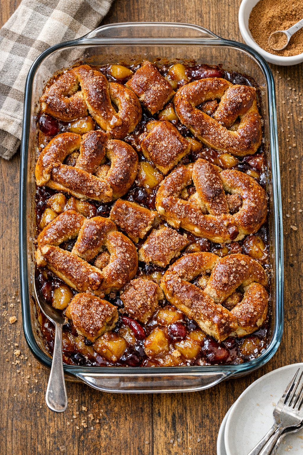 Finished baked pretzel dessert in a glass dish