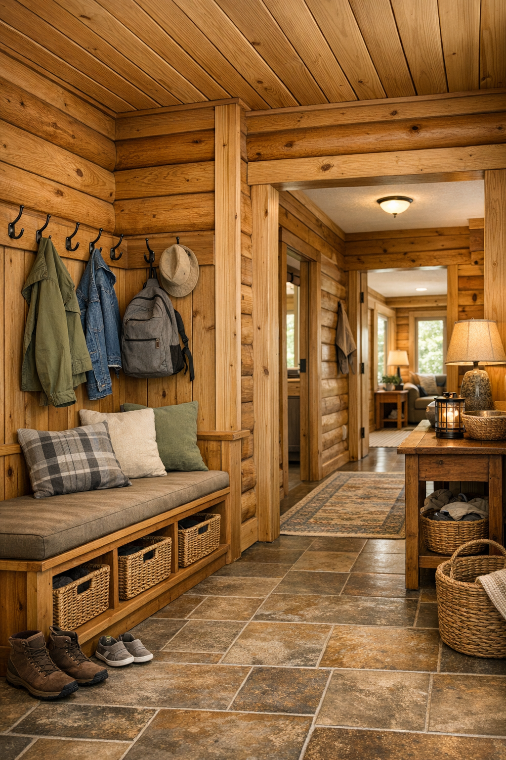 Crafted entry and hallway area with built-in bench, warm wood trim, and practical storage