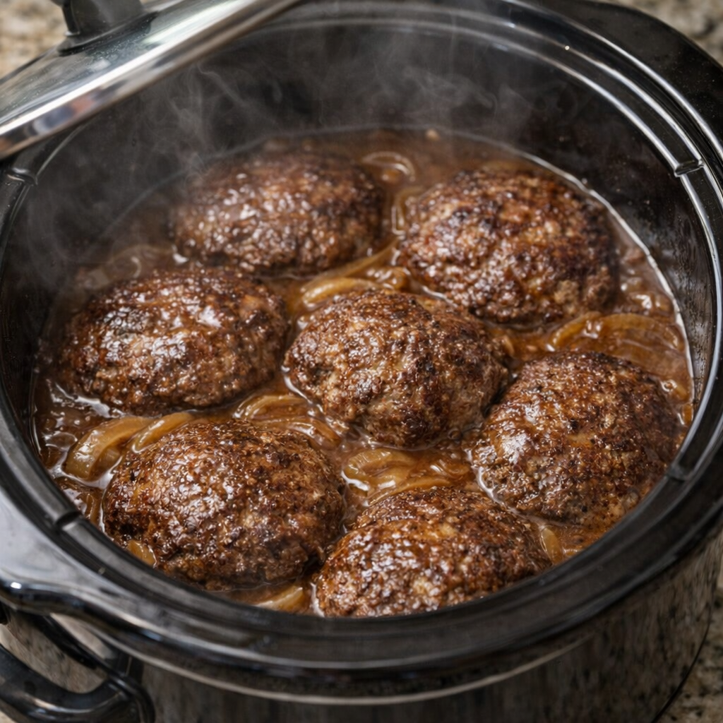 Cooked Salisbury steak in the slow cooker with rich onion gravy