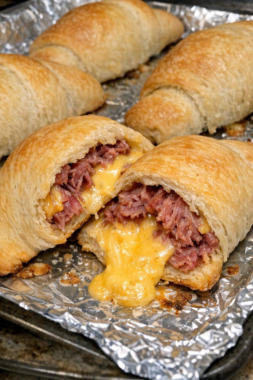 Golden brown crescent dough pockets filled with corned beef and melted Velveeta on a foil-lined baking sheet