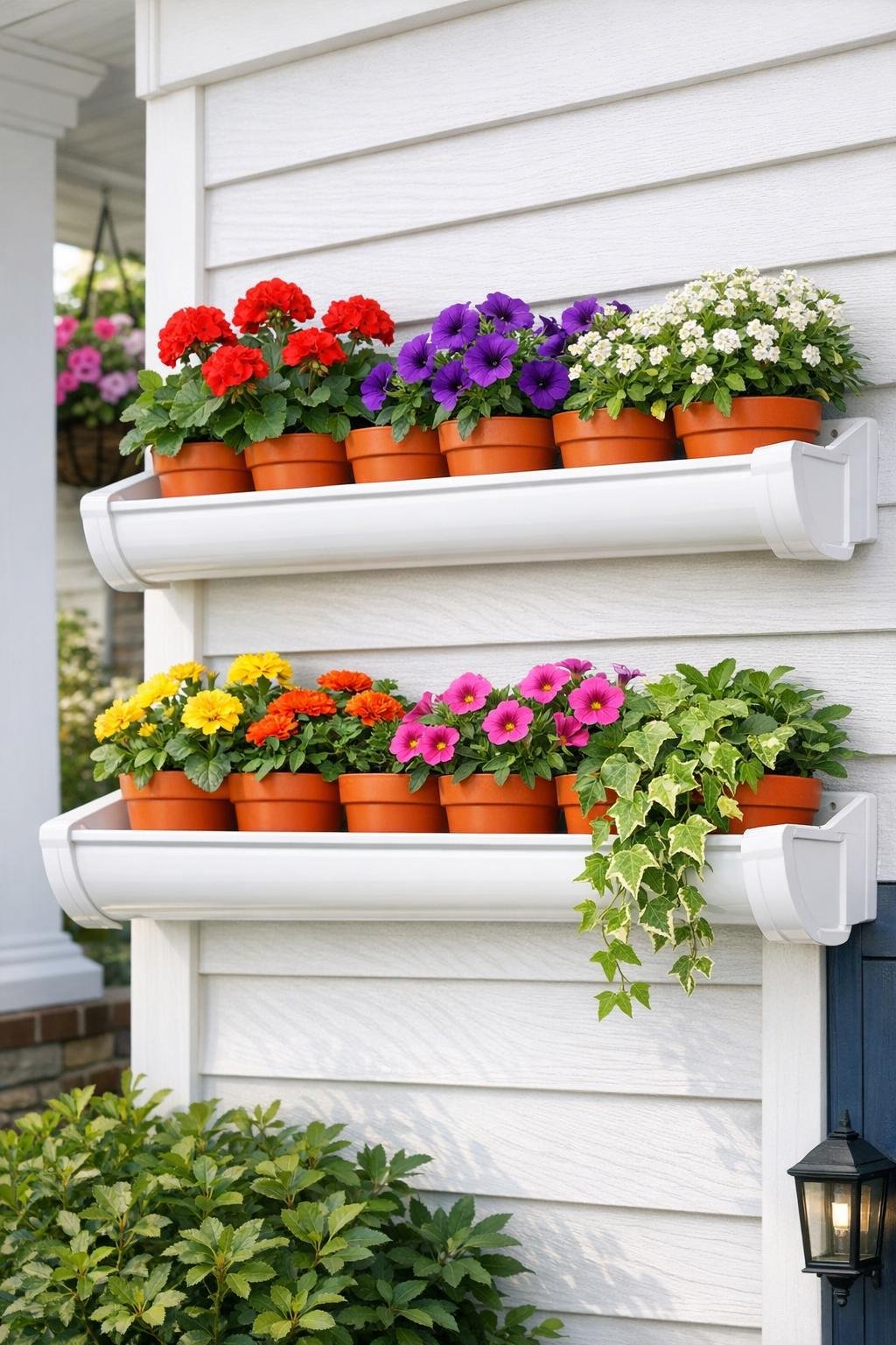 Finished porch planter with small orange terracotta pots set into white rain gutters