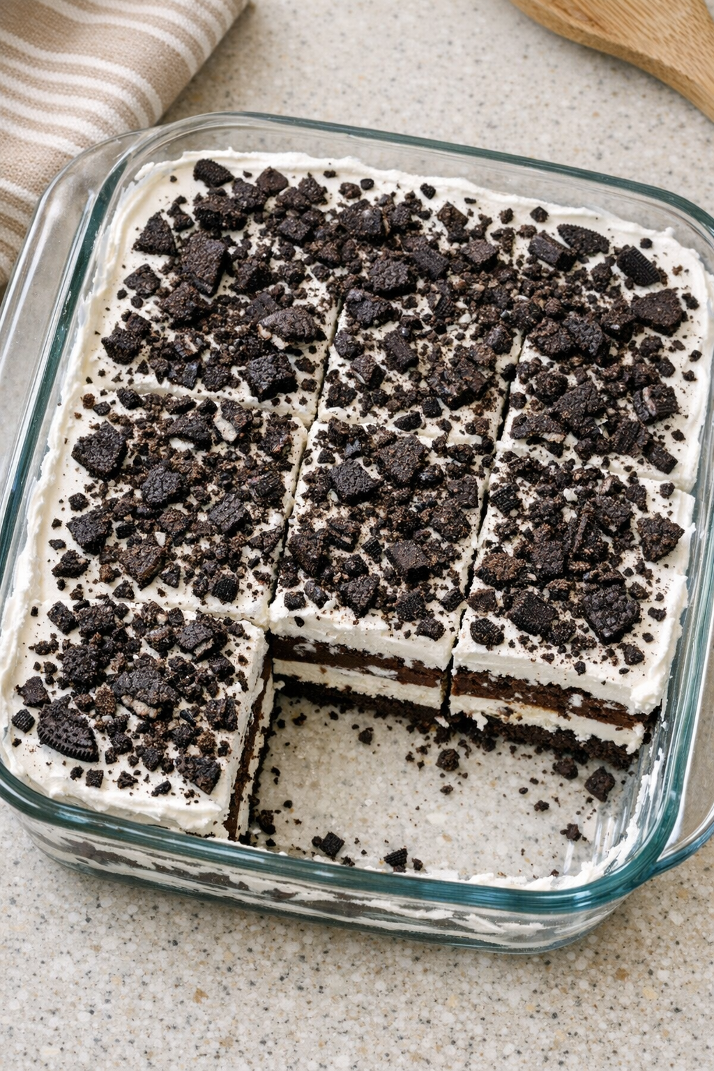 Finished ice cream sandwich dessert in a glass baking dish