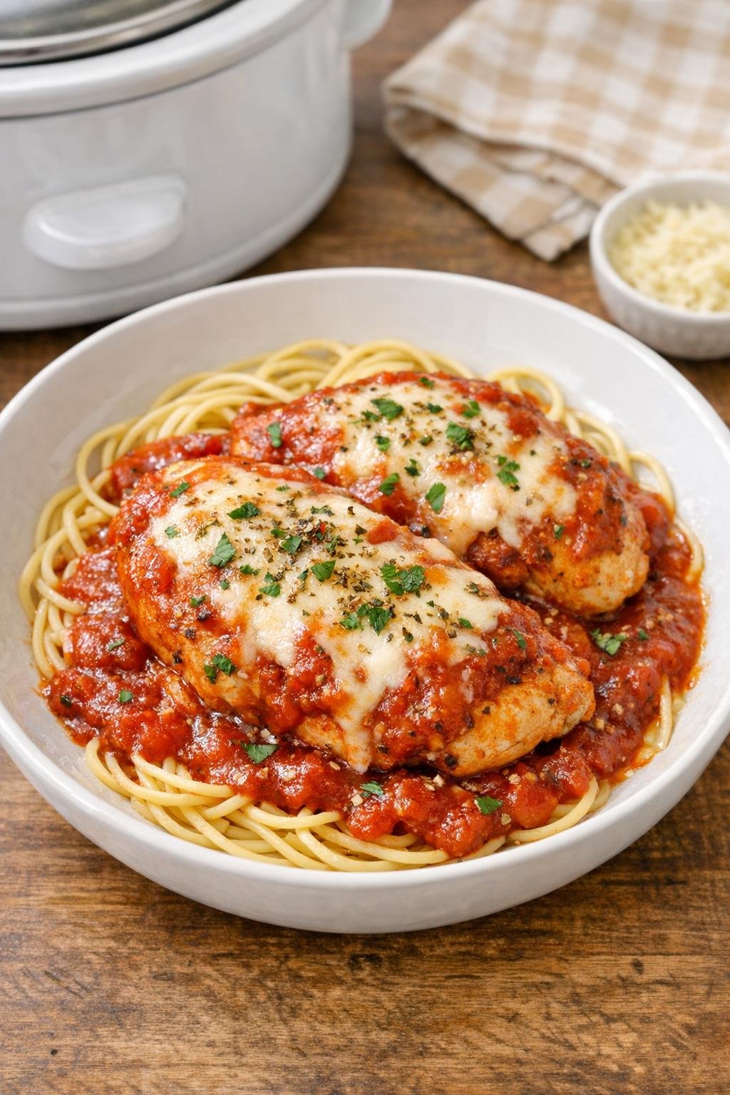 Finished plated Italian chicken with marinara and melted cheese