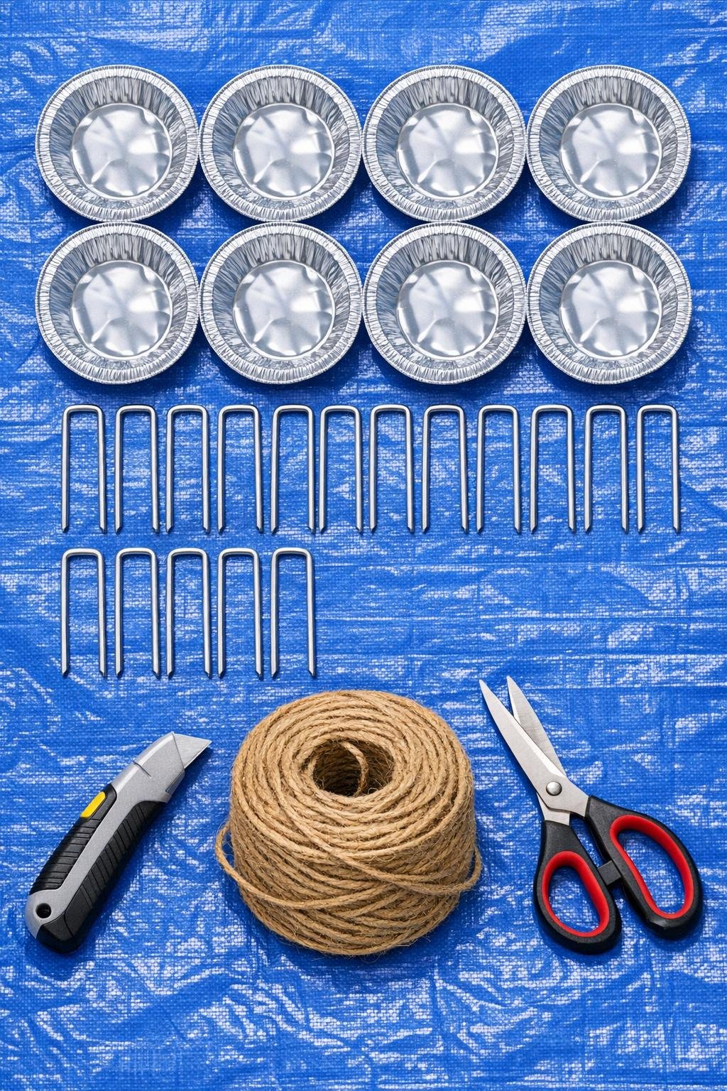Materials laid out for aluminum pie tin bird netting anchors