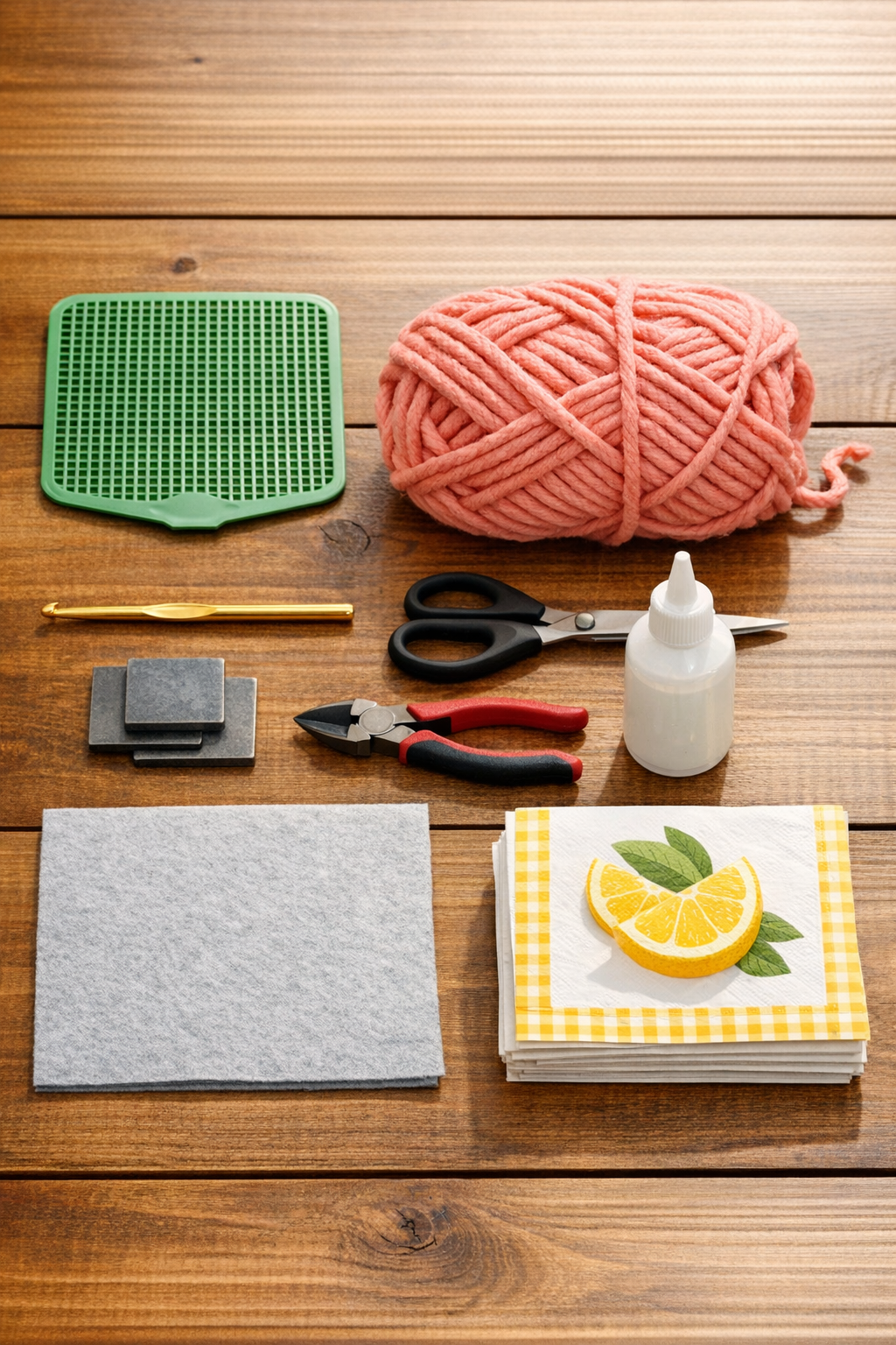 Materials for a crochet napkin holder laid out on a table