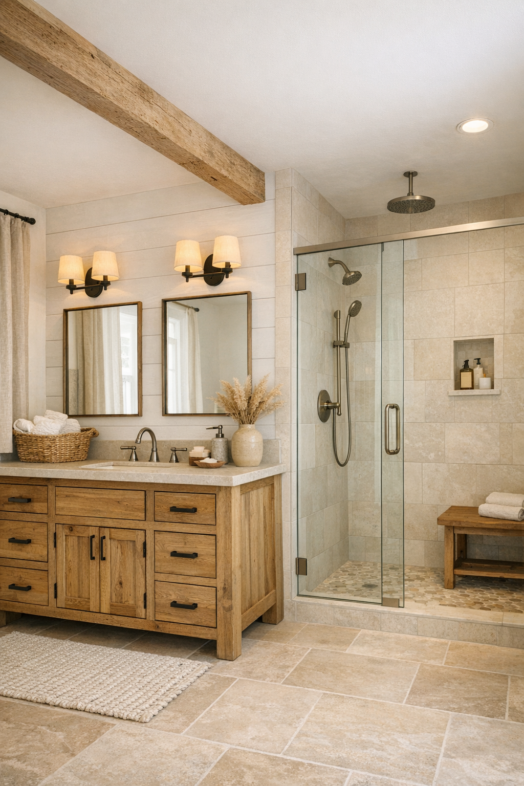 Light rustic bathroom with a handcrafted wood vanity, stone counter, and clean simple finishes