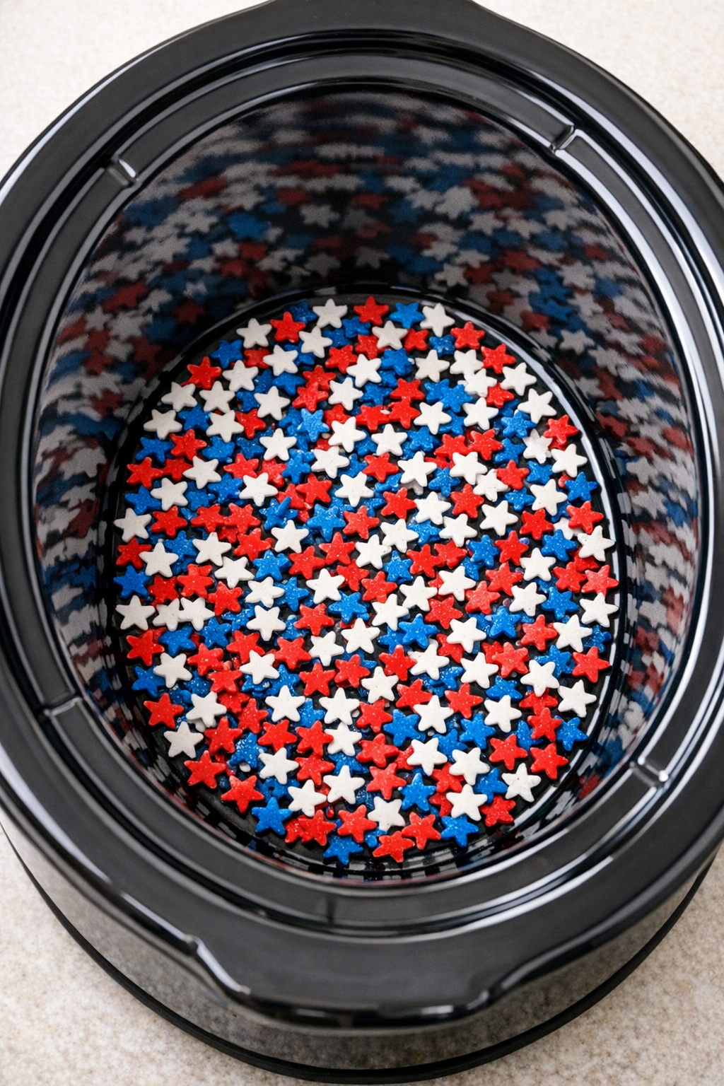 Star sprinkles scattered in the bottom of a slow cooker