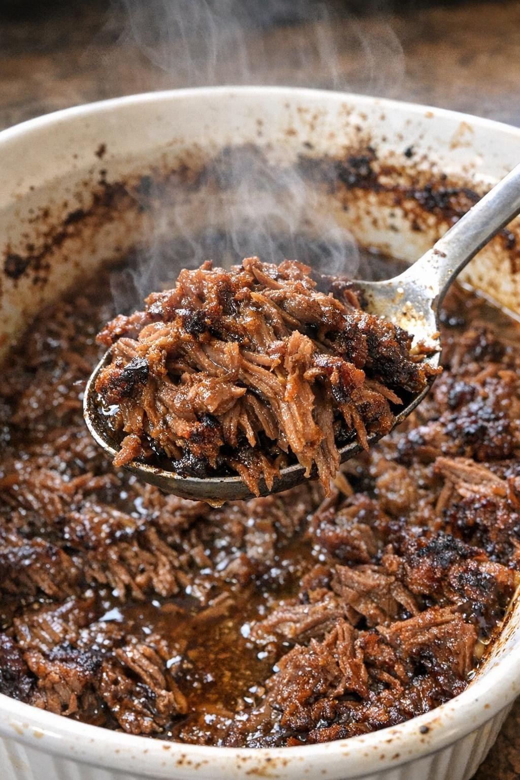Beef casserole with tender pulled meat and caramelized edges