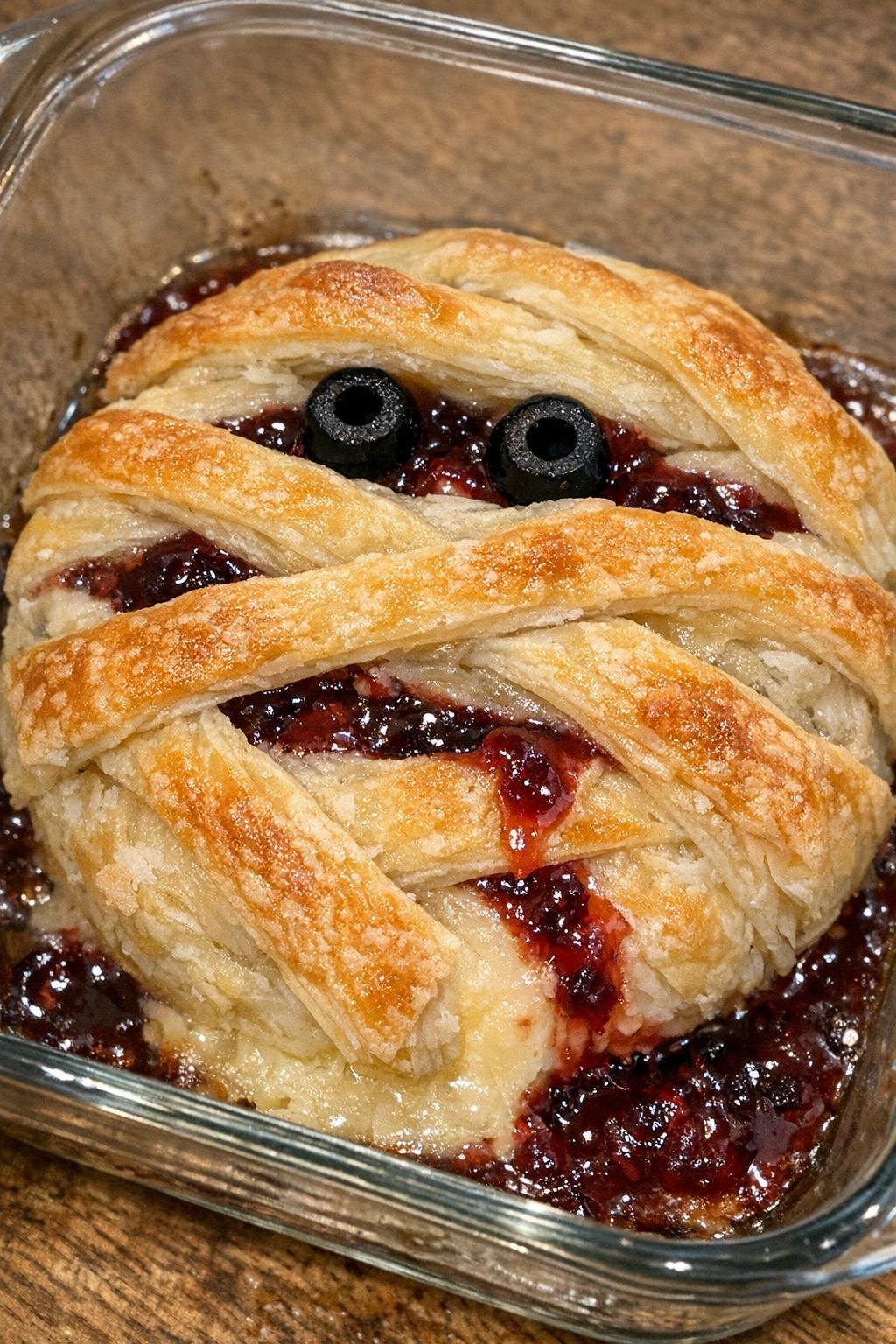 Mummy baked brie in a glass baking dish