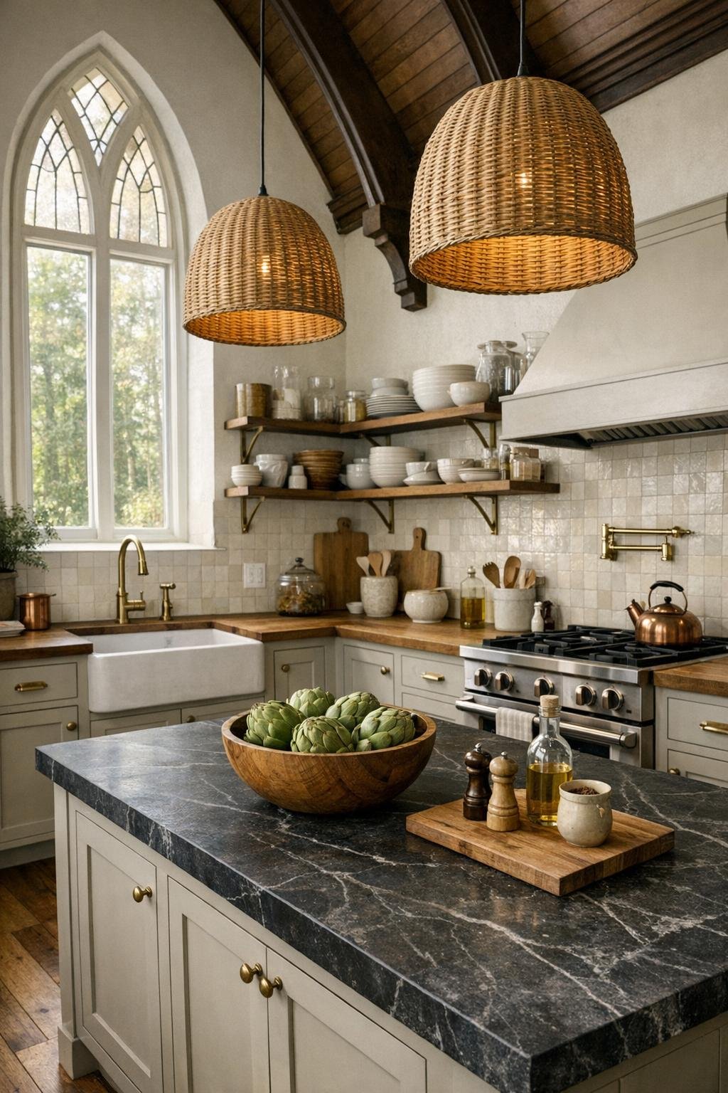 Kitchen with putty-colored cabinets, soapstone island, butcher-block counters, and a farmhouse sink