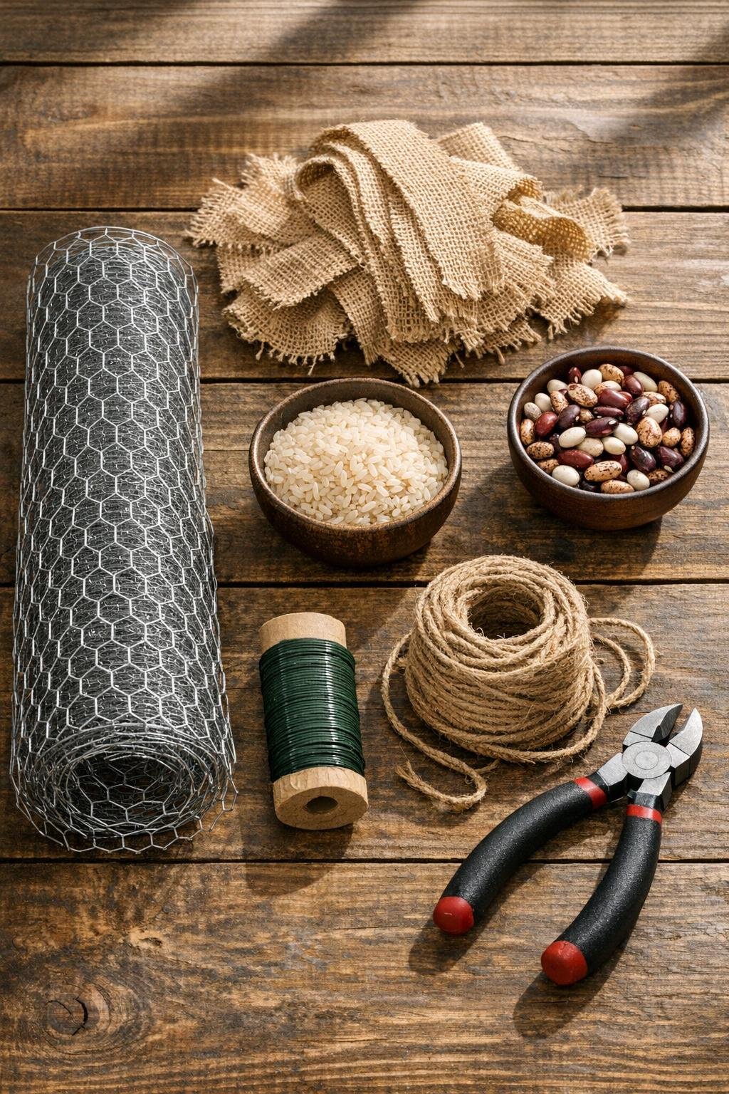 Materials for a rustic fall burlap chicken wire wreath