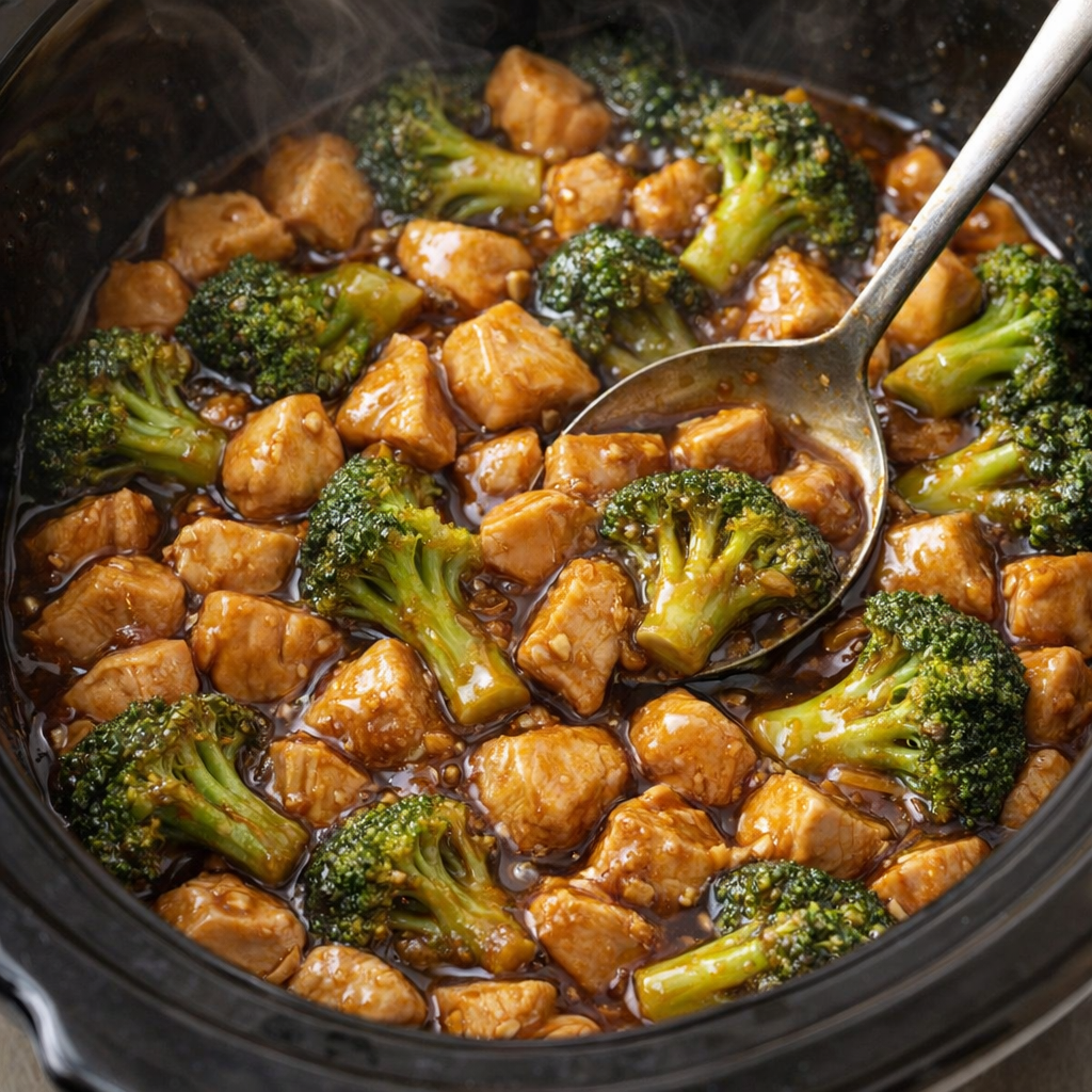 Cooked teriyaki chicken and broccoli inside the slow cooker