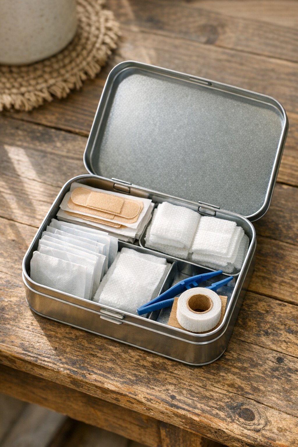 Mint tin arranged as a pocket first aid kit