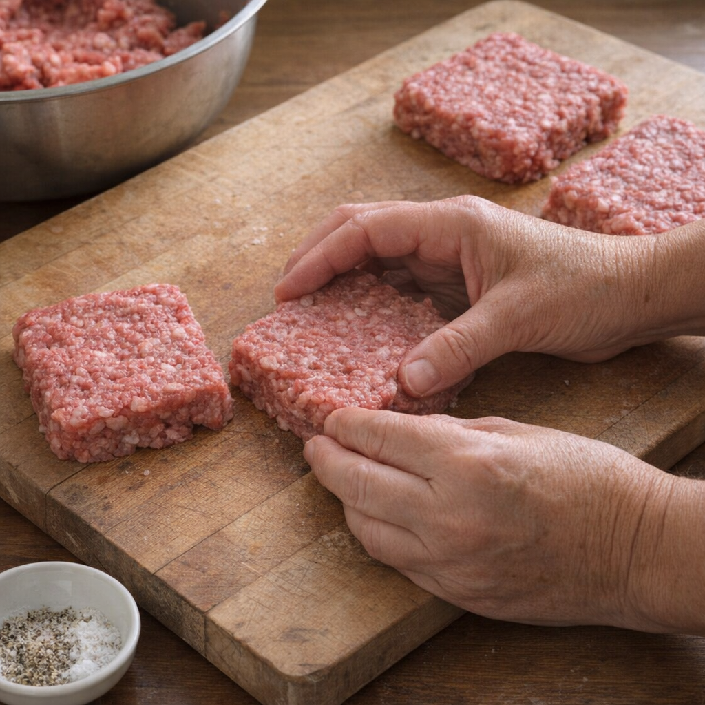 Hands shaping square ground beef patties on a cutting board