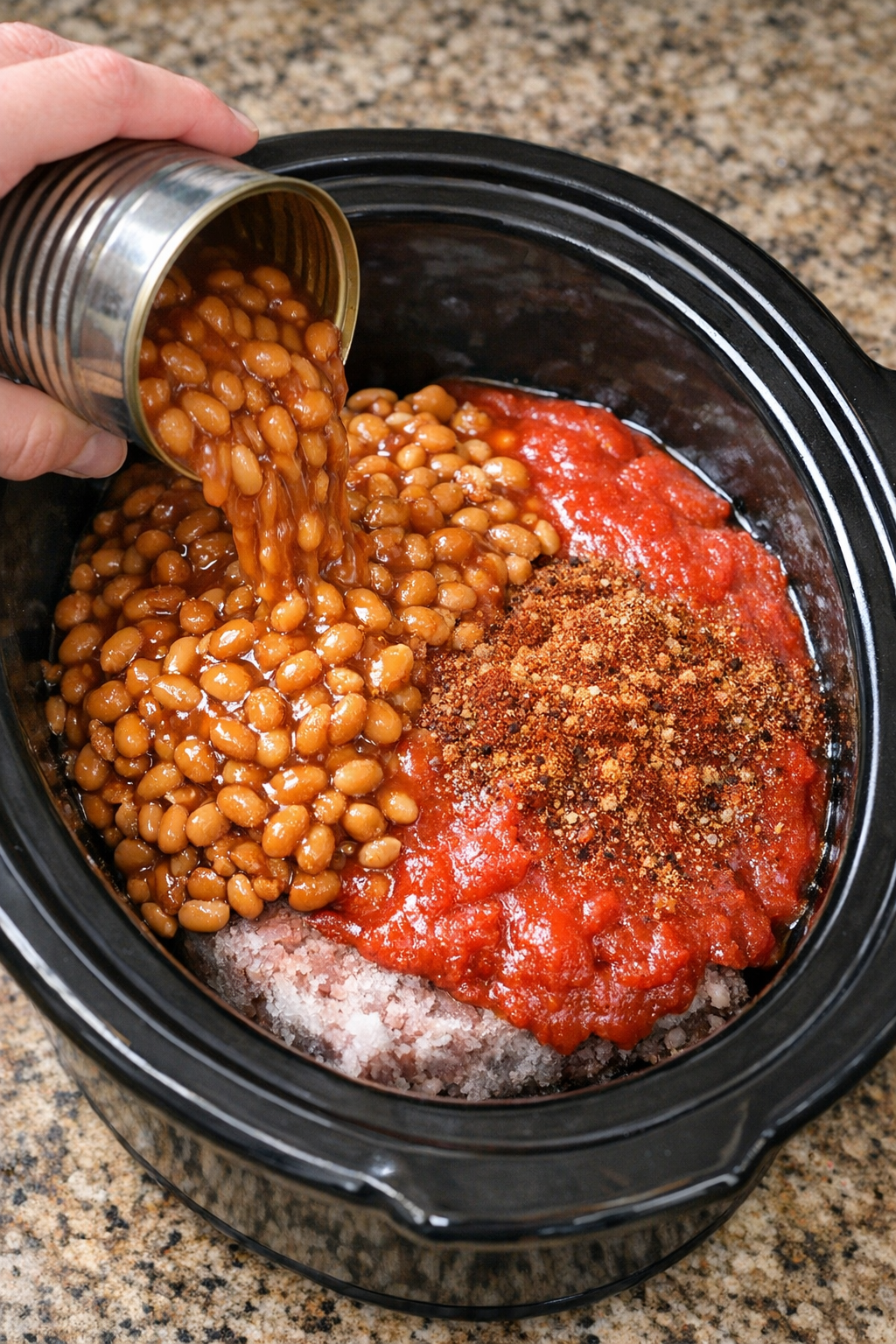 Baked beans, tomato sauce, and chili seasoning added to the slow cooker