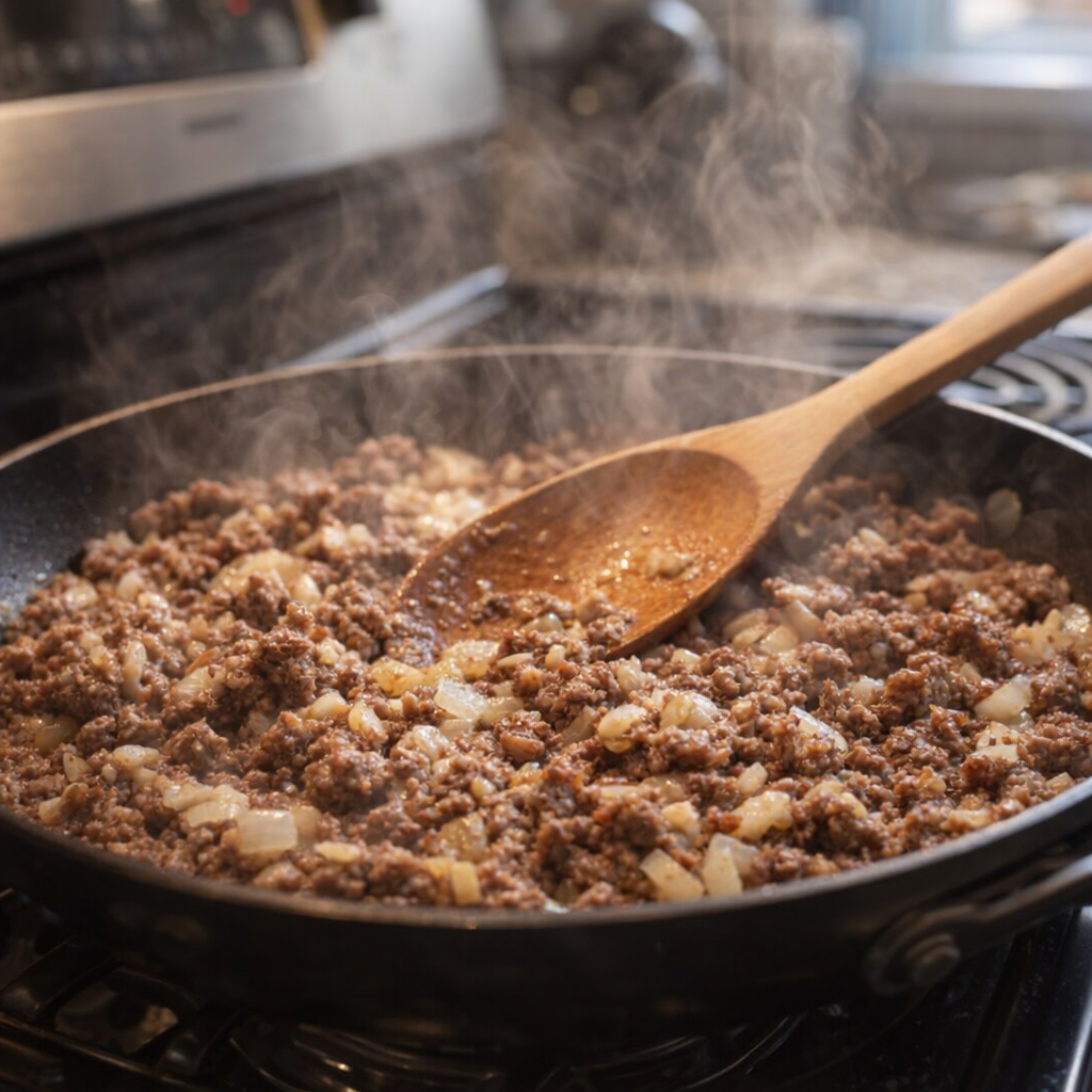 Ground beef and onions cooking in a skillet