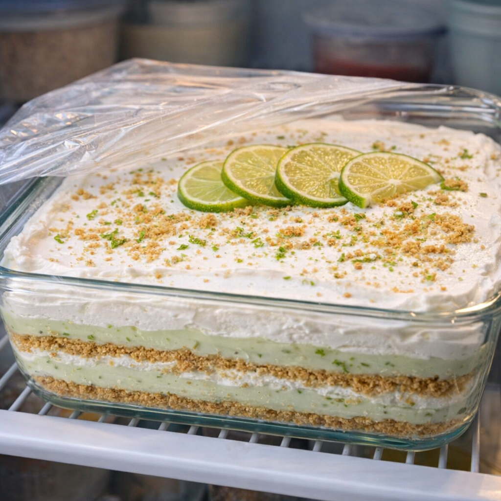 Finished key lime icebox cake chilling with garnish on top