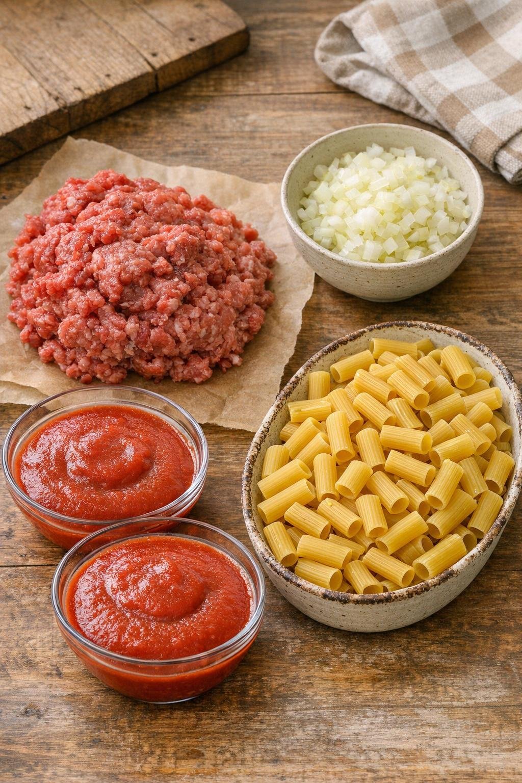 Measured ingredients for pasta dish