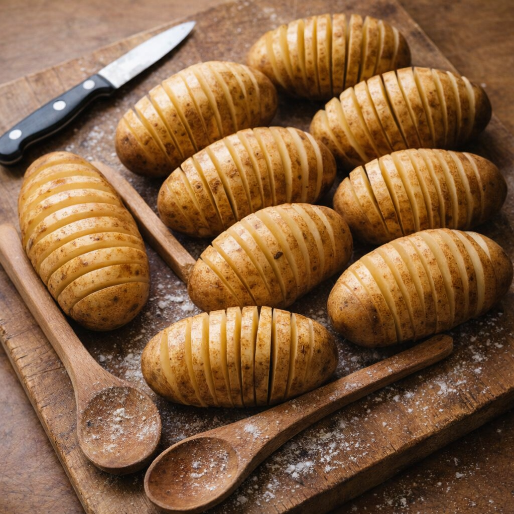 Accordion-sliced russet potatoes on a farmhouse cutting board