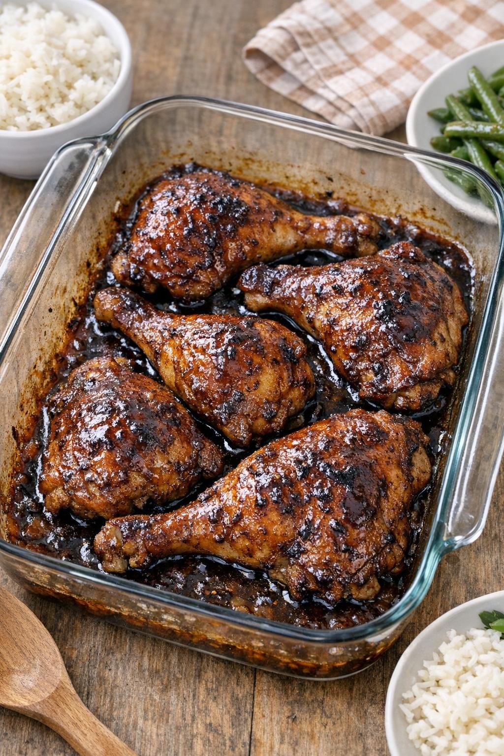 Baked chicken leg quarters glazed in dark sauce in a glass casserole dish
