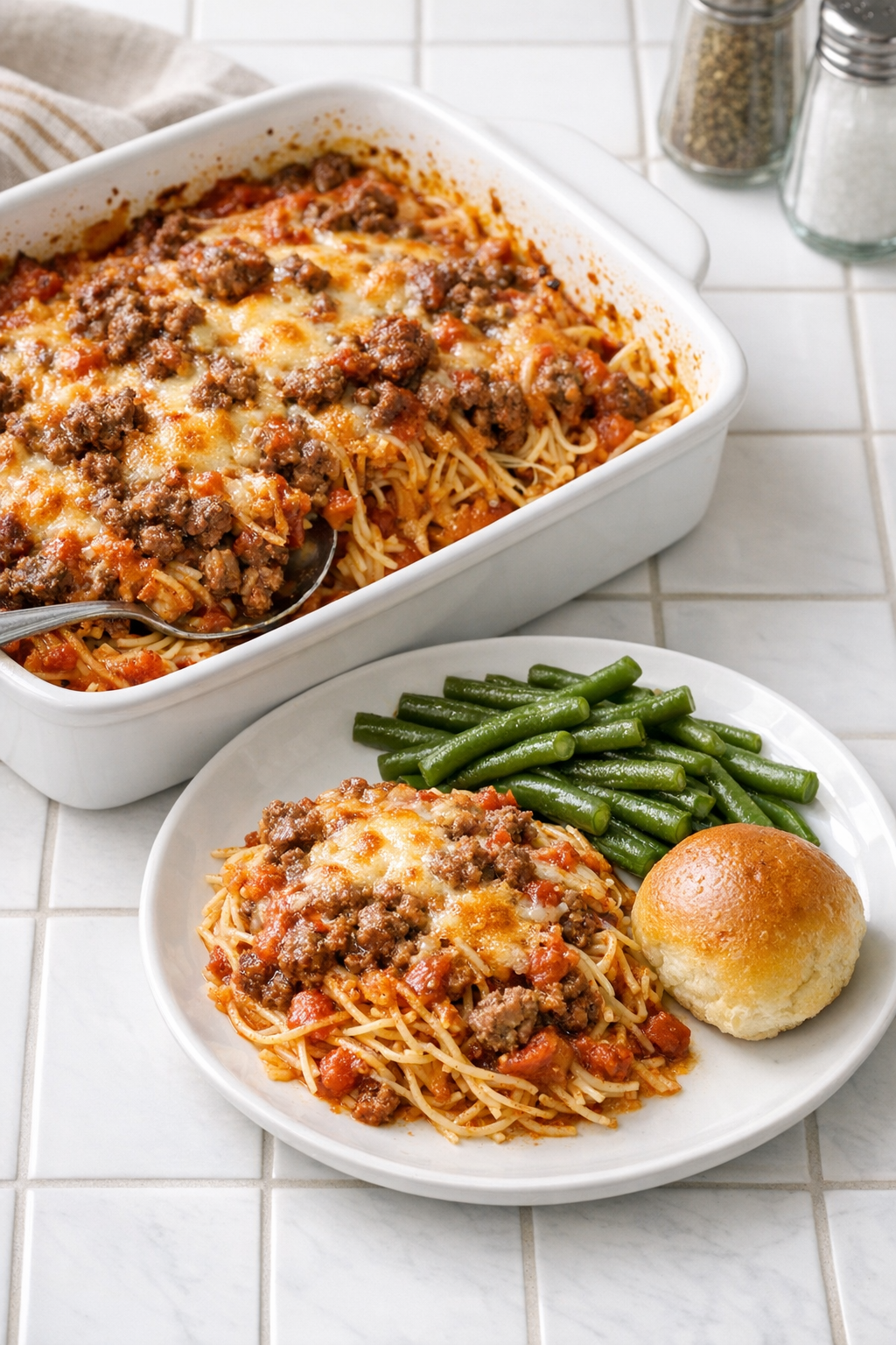 Finished baked sirloin noodle casserole in a ceramic baking dish