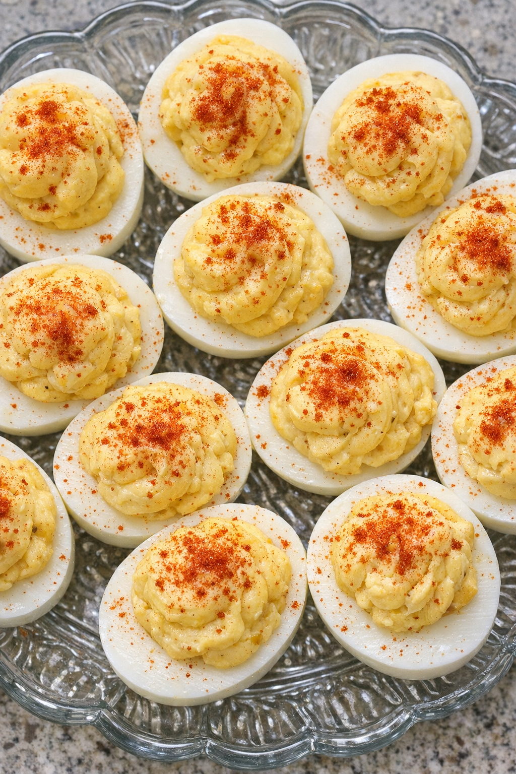 Southern 4-ingredient classic deviled eggs on a glass serving platter