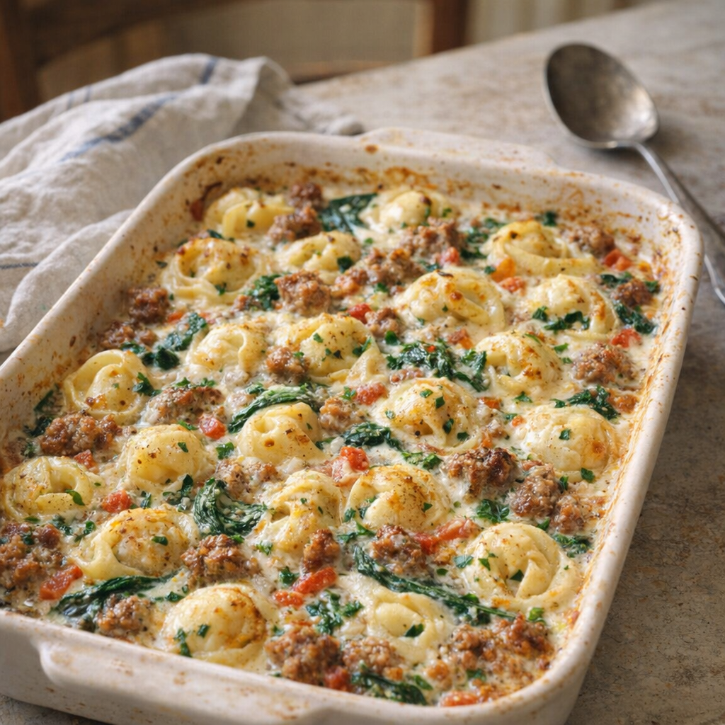 Krämig korvtortellini bakad färsk från ugnen i ett lantkök
