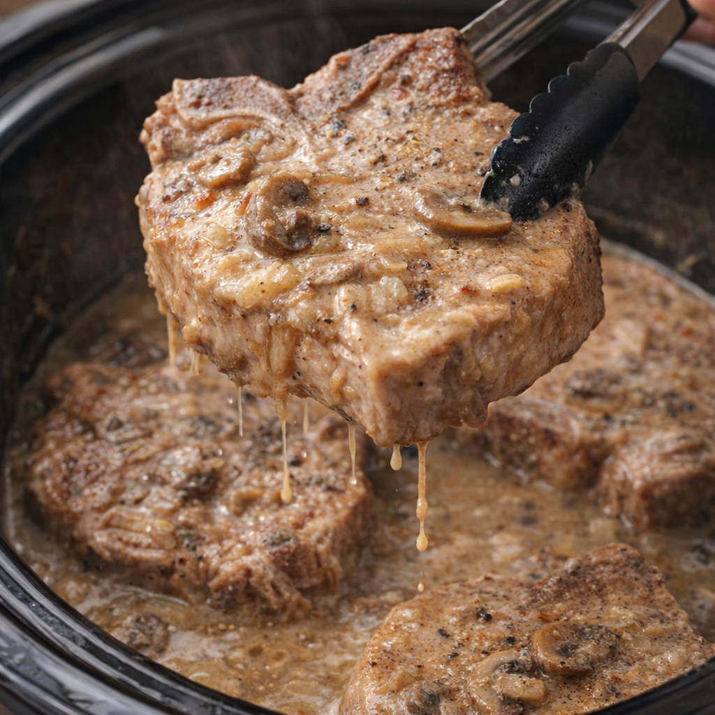 Tender cooked pork chop being lifted from the slow cooker